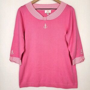 Quacker Factory Womens Pink Anchor Sweater Top M Nautical Preppy Coastal